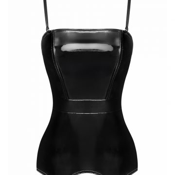 Corset porte-jarretelle vinyle Dominae F381 - Noir Handmade 2 Corset vinyle noir baleiné Dominae F381