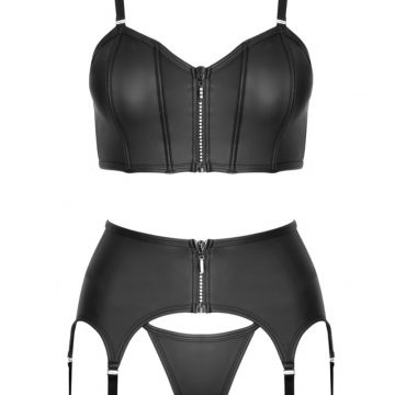 Ensemble lingerie 3 pièces avec porte-jarretelles - Cottelli PARTY 2 Top corset lingerie noir mat Cottelli PARTY
