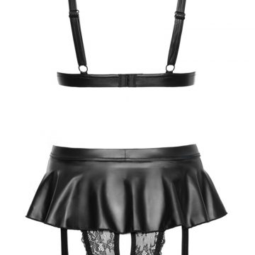Ensemble Lingerie Noir Wetlook et Dentelle | Cottelli LINGERIE 3 Slip fendu noir à jarretelles et jupe wetlook Cottelli