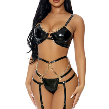 Ensemble Lingerie Faux Cuir 3 Pièces – J Lingerie 2 Ensemble lingerie wet look J Lingerie avec chaînes